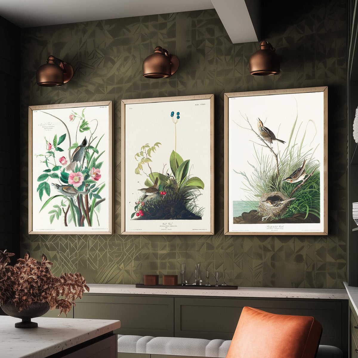 Set of Three John James Audubon Prints - Sea-side Finch Wood Wren Sharp-tailed Finch - 3 Bird Paintings Poster Wall Art Gift Vintage