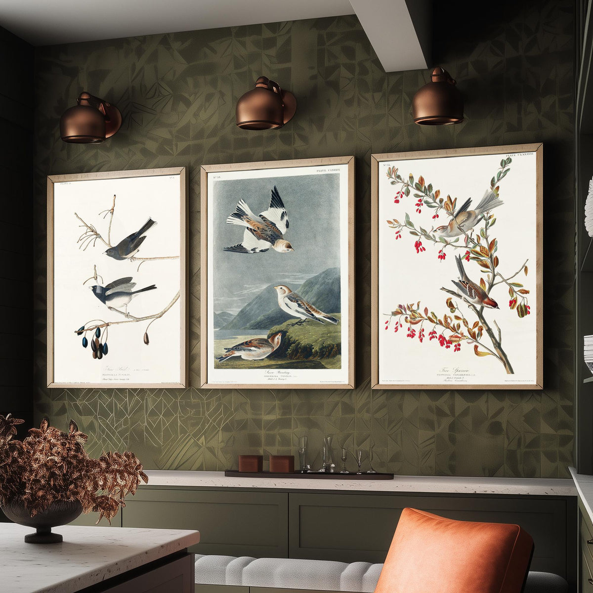 Set of Three John James Audubon Prints - Snow Bird Snow Bunting Tree Sparrow - 3 Bird Paintings Poster Wall Art Gift Ornithology