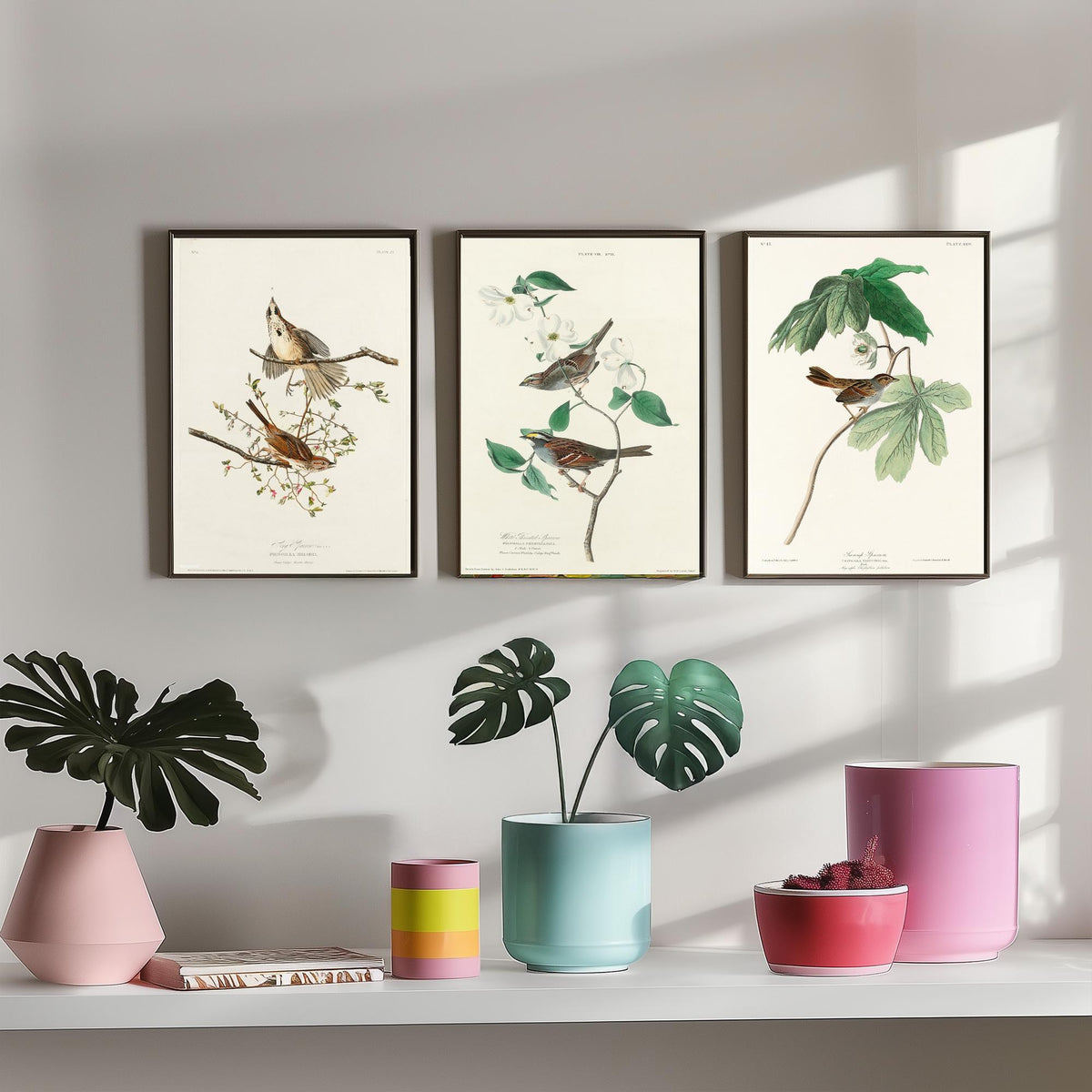 Set of Three John James Audubon Prints - Song White-throated and Swamp Sparrow - 3 Bird Paintings Poster Wall Art Gift Ornithology