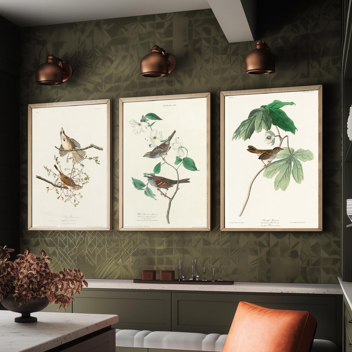 Set of Three John James Audubon Prints - Song White-throated and Swamp Sparrow - 3 Bird Paintings Poster Wall Art Gift Ornithology