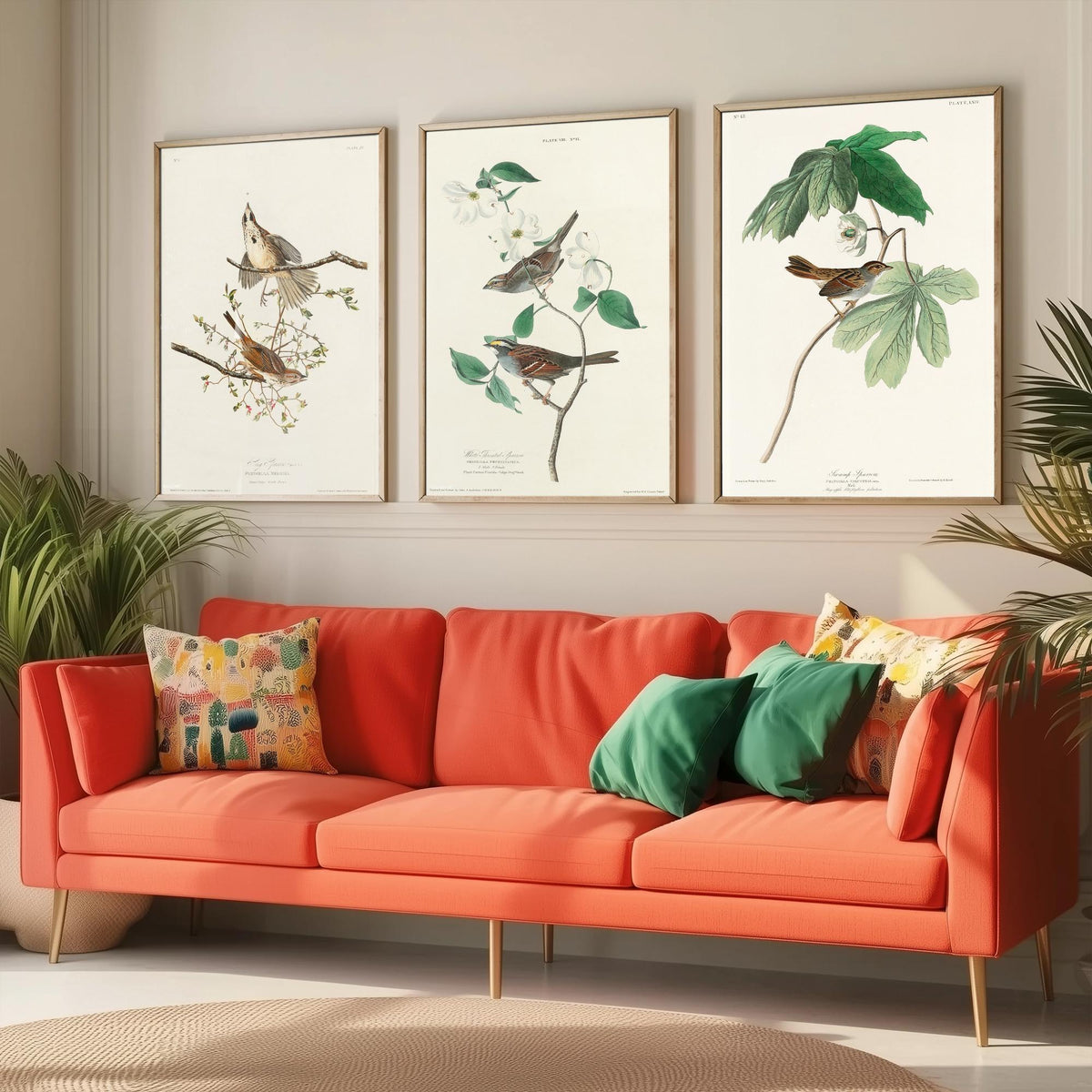 Set of Three John James Audubon Prints - Song White-throated and Swamp Sparrow - 3 Bird Paintings Poster Wall Art Gift Ornithology