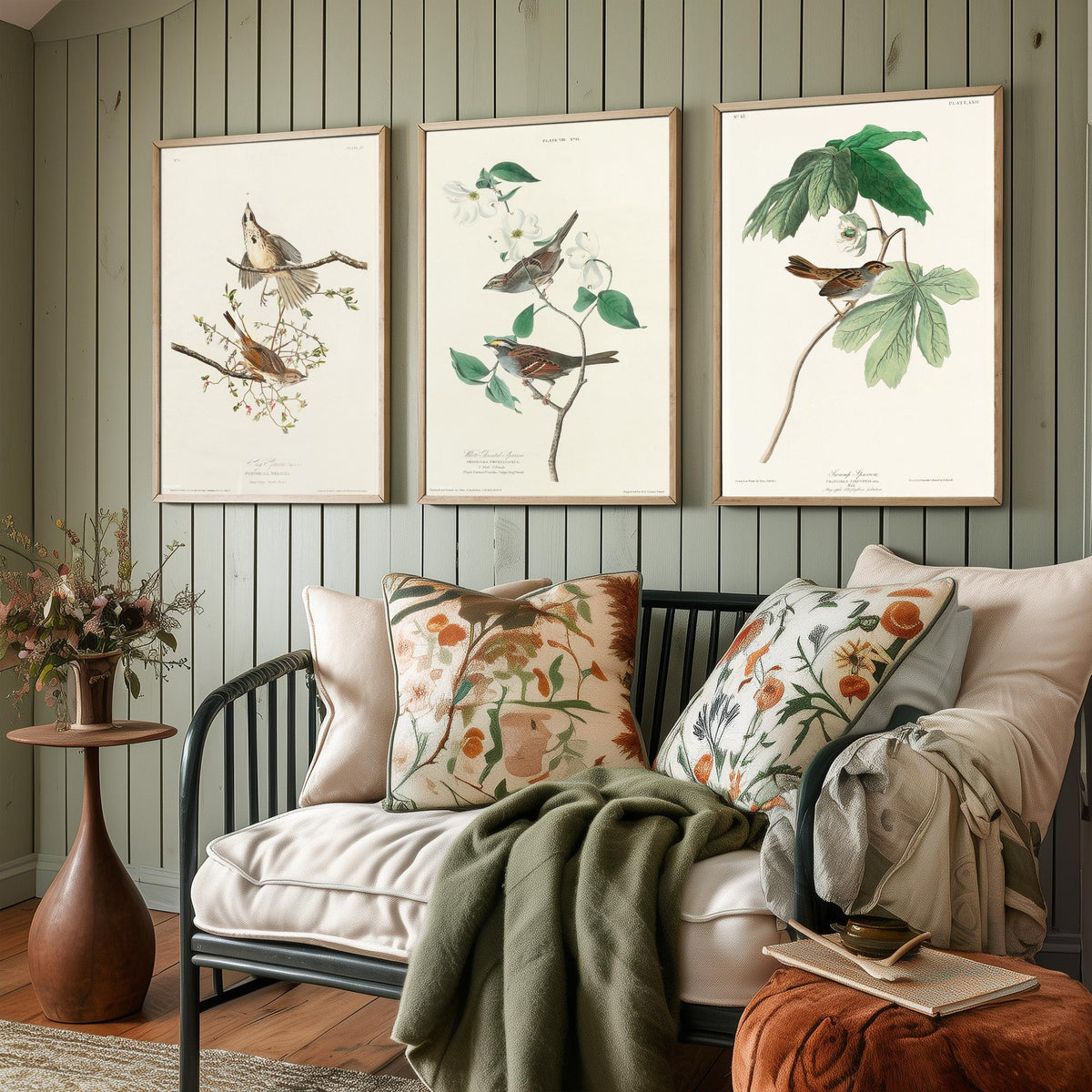 Set of Three John James Audubon Prints - Song White-throated and Swamp Sparrow - 3 Bird Paintings Poster Wall Art Gift Ornithology