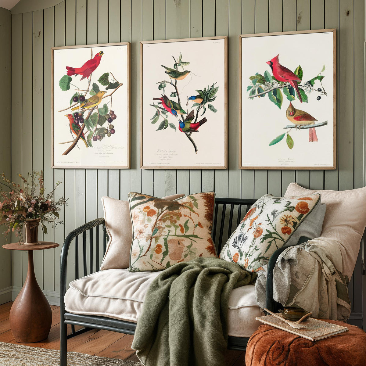Set of Three John James Audubon Prints - Summer Tanager Painted Bunting Cardinal - 3 Bird Paintings Poster Wall Art Gift Ornithology