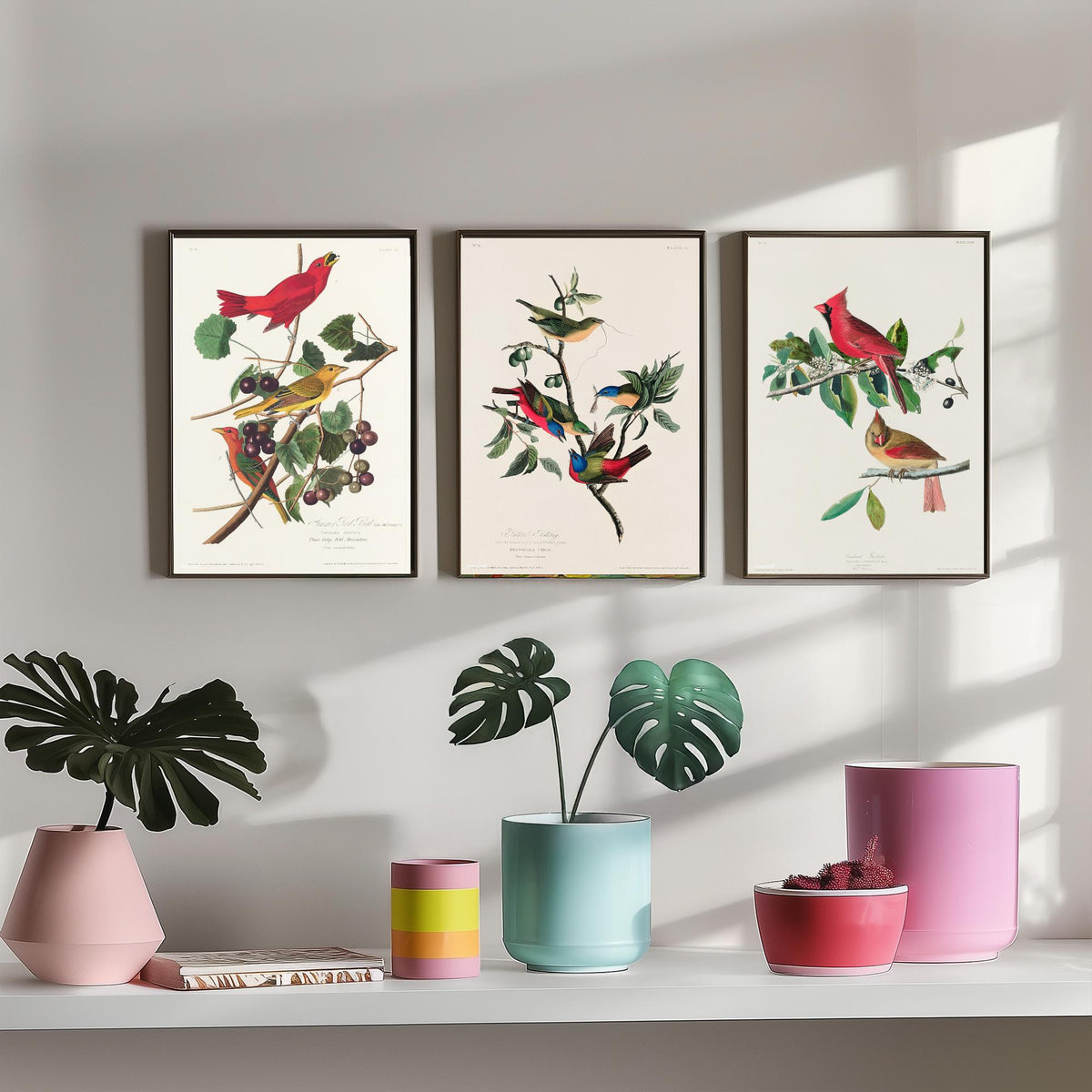 Set of Three John James Audubon Prints - Summer Tanager Painted Bunting Cardinal - 3 Bird Paintings Poster Wall Art Gift Ornithology