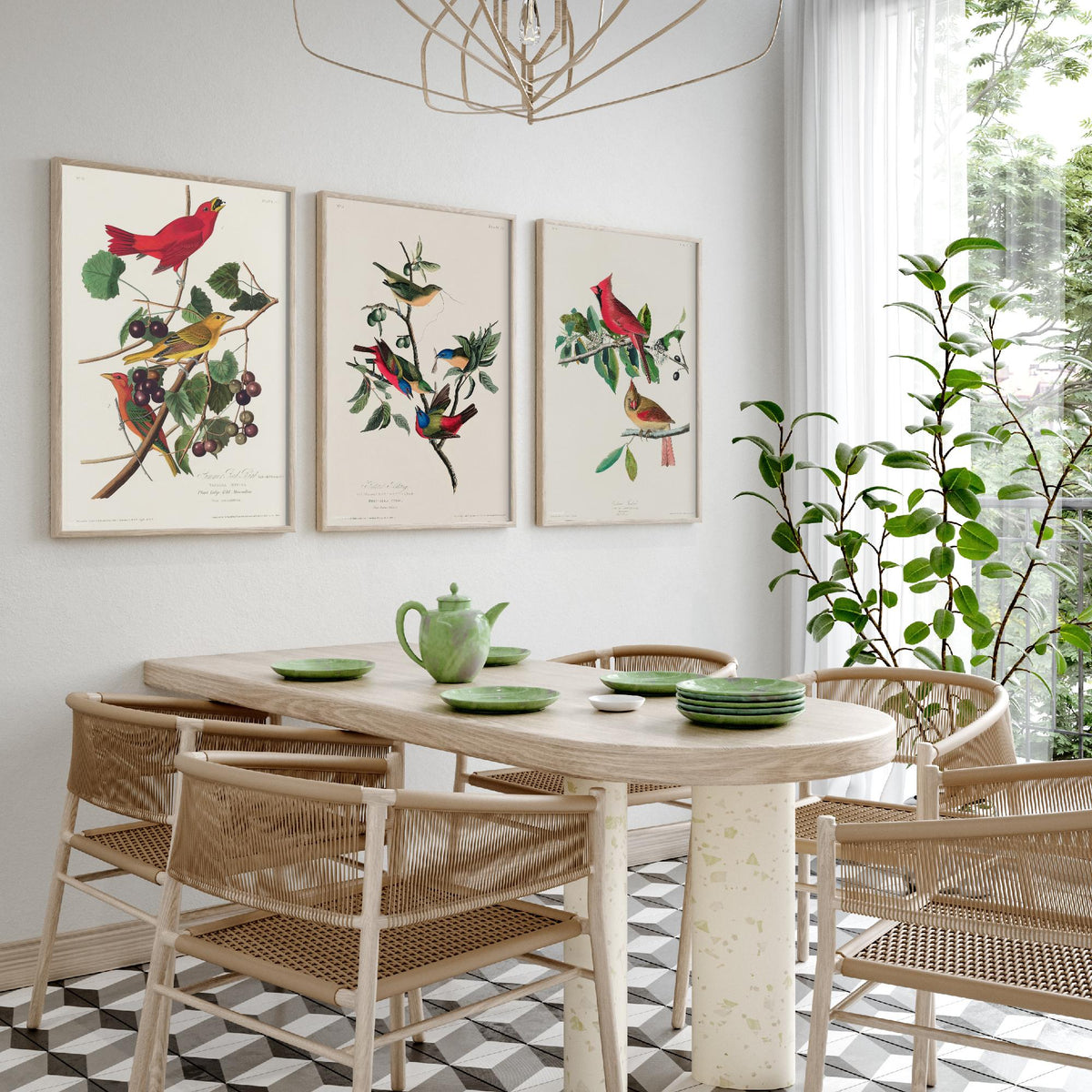 Set of Three John James Audubon Prints - Summer Tanager Painted Bunting Cardinal - 3 Bird Paintings Poster Wall Art Gift Ornithology