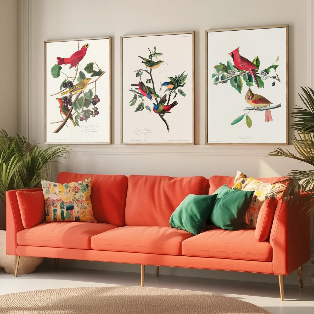 Set of Three John James Audubon Prints - Summer Tanager Painted Bunting Cardinal - 3 Bird Paintings Poster Wall Art Gift Ornithology