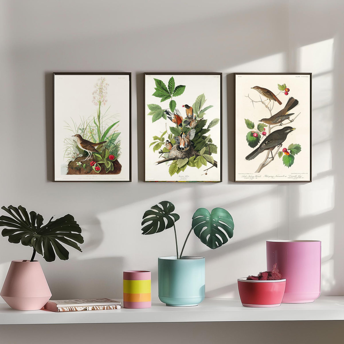 Set of Three John James Audubon Prints - Tawny Thrush American Robin Little Thrush - 3 Bird Paintings Poster Wall Art Gift Ornithology