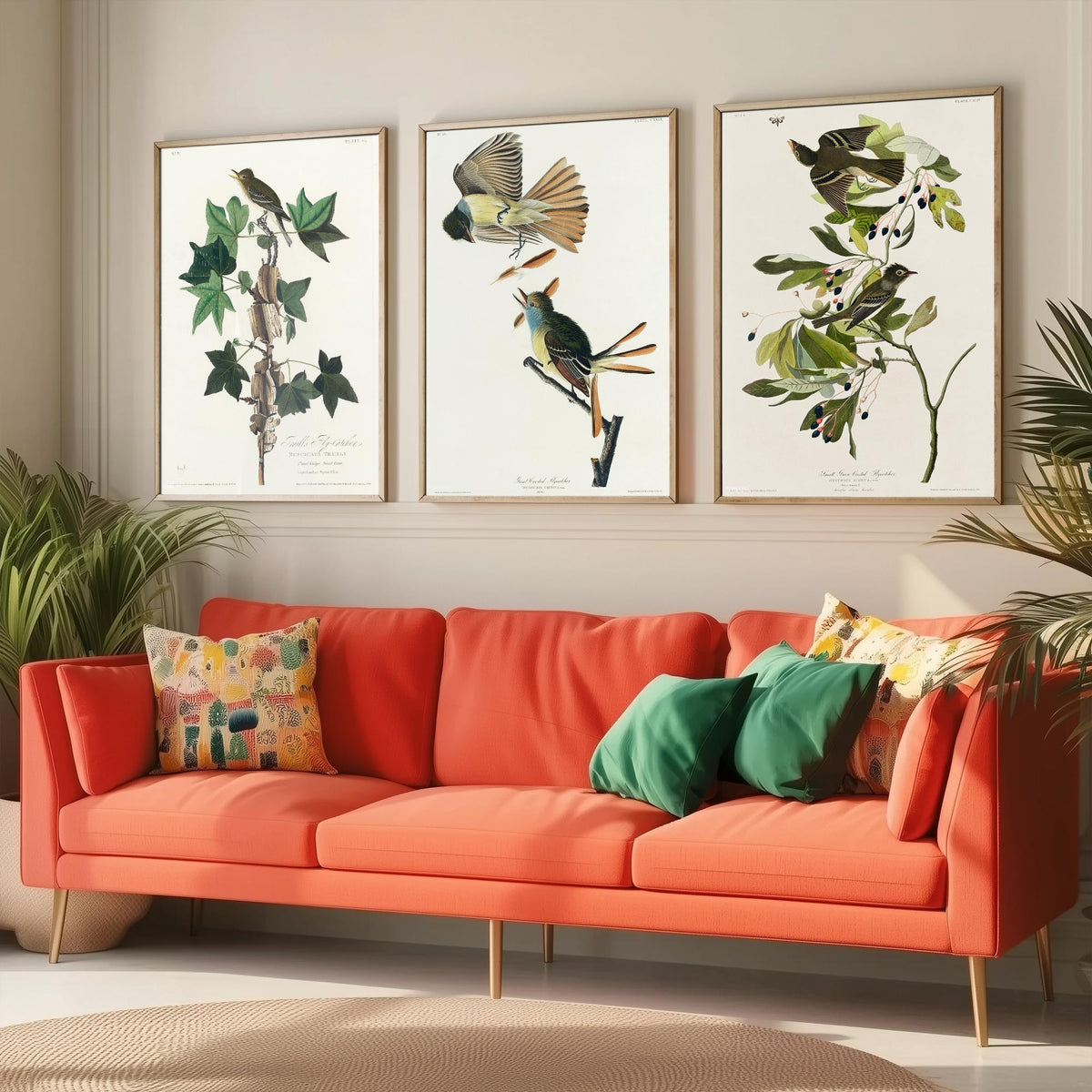 Set of Three John James Audubon Prints - Traill's Great Crested and Small Green Crested Flycatcher - 3 Bird Paintings Poster Wall Art