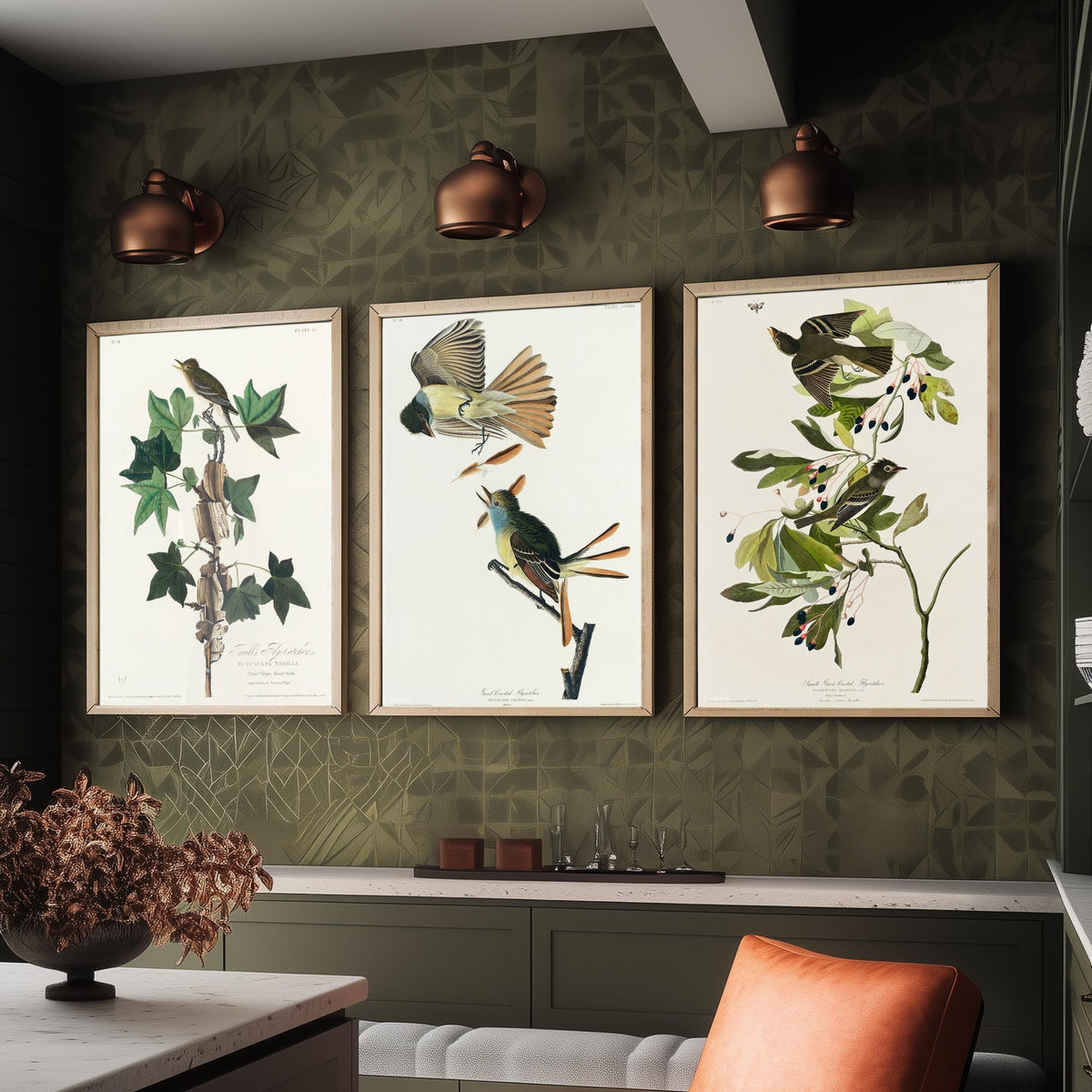 Set of Three John James Audubon Prints - Traill's Great Crested and Small Green Crested Flycatcher - 3 Bird Paintings Poster Wall Art