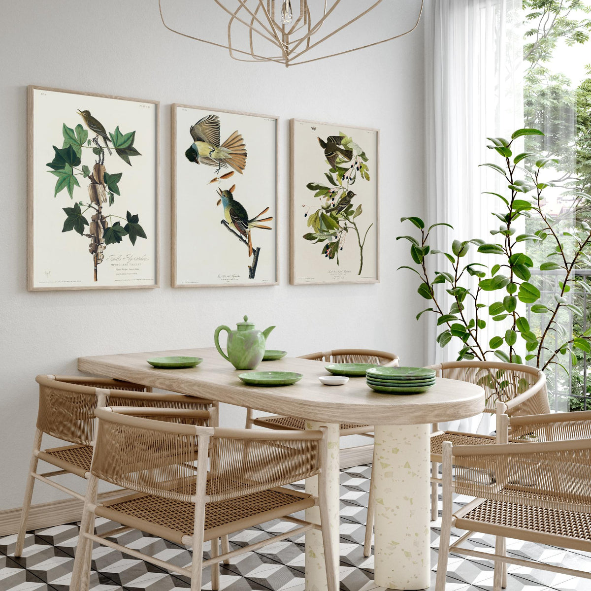 Set of Three John James Audubon Prints - Traill's Great Crested and Small Green Crested Flycatcher - 3 Bird Paintings Poster Wall Art