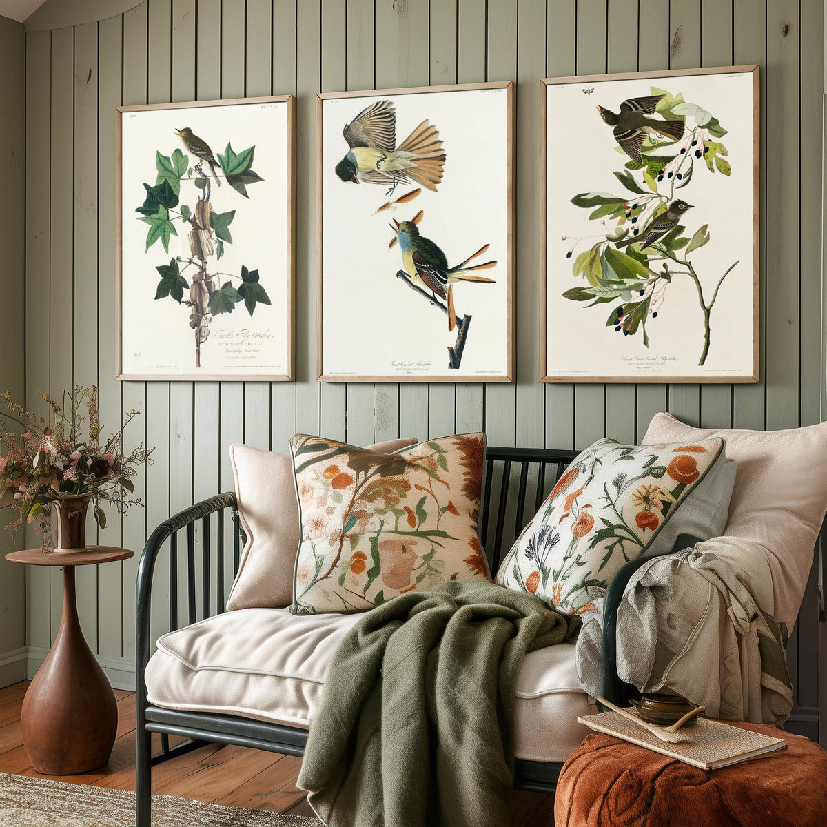 Set of Three John James Audubon Prints - Traill's Great Crested and Small Green Crested Flycatcher - 3 Bird Paintings Poster Wall Art