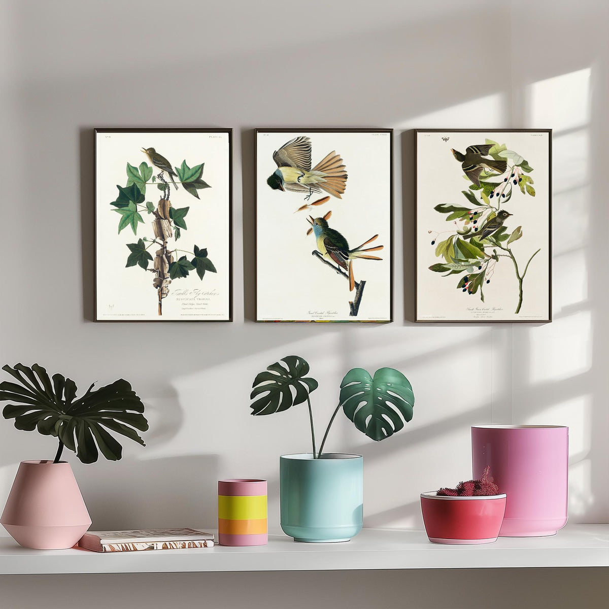 Set of Three John James Audubon Prints - Traill's Great Crested and Small Green Crested Flycatcher - 3 Bird Paintings Poster Wall Art