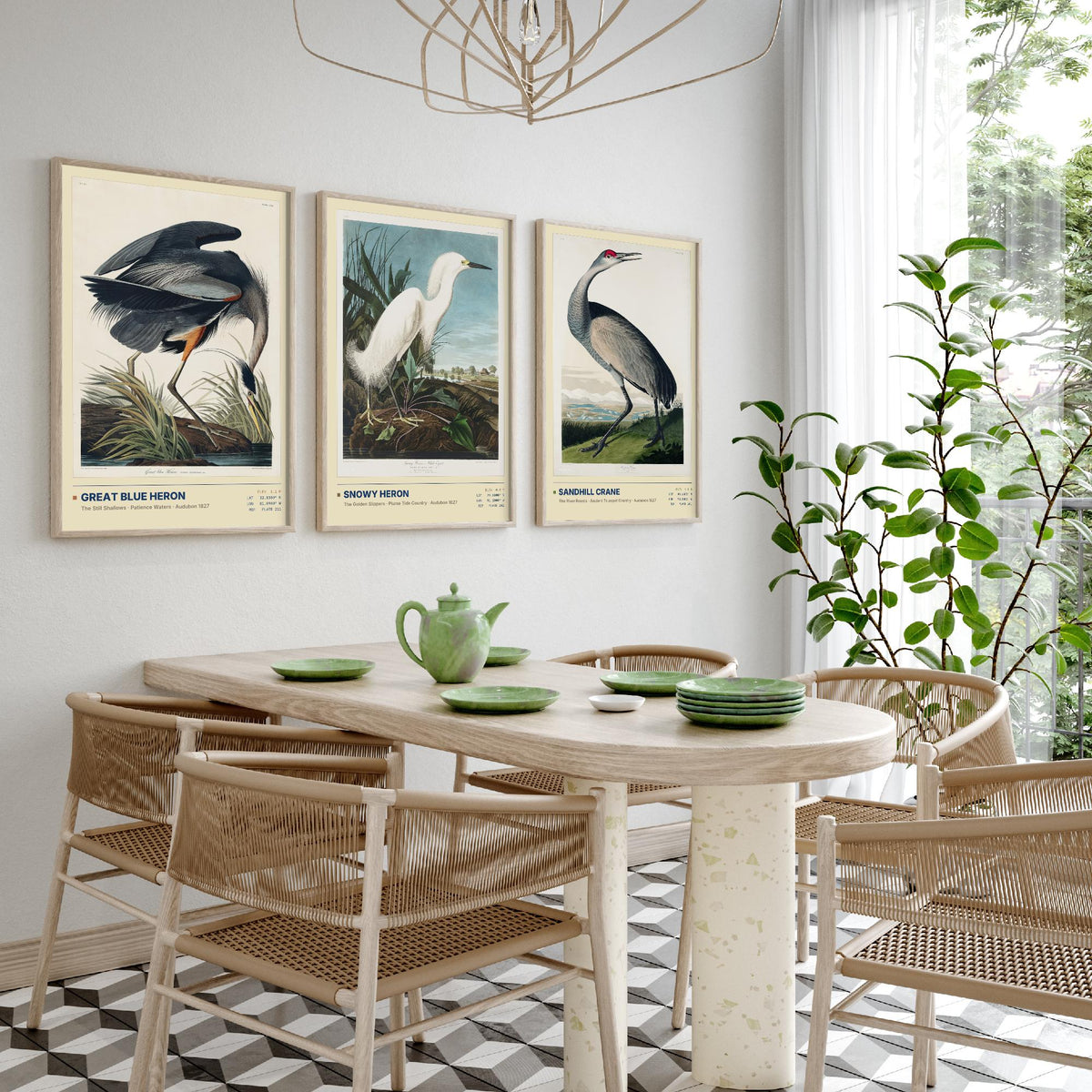 Audubon Wading Birds Set of Three Art Prints - Great Blue Heron, Snowy Heron, Sandhill Crane - Coastal Illustrations Gallery Posters