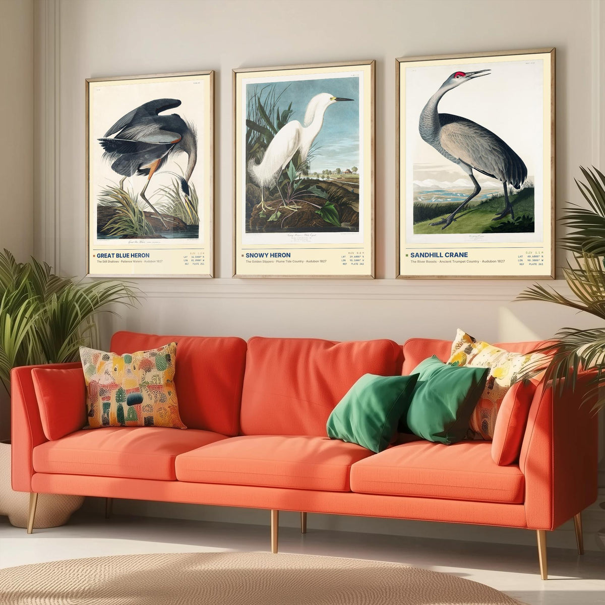 Audubon Wading Birds Set of Three Art Prints - Great Blue Heron, Snowy Heron, Sandhill Crane - Coastal Illustrations Gallery Posters