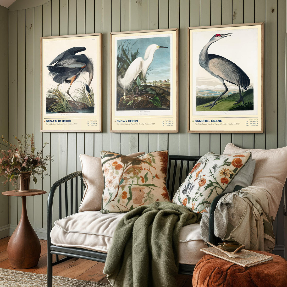 Audubon Wading Birds Set of Three Art Prints - Great Blue Heron, Snowy Heron, Sandhill Crane - Coastal Illustrations Gallery Posters