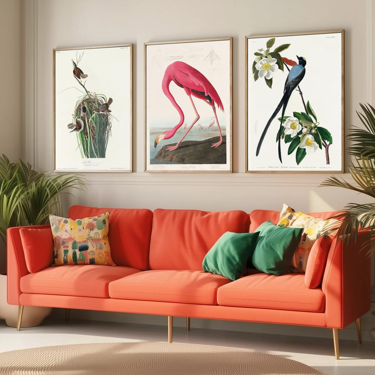 Set of Three John James Audubon Prints - Tree Swallow American Flamingo and Fork-tailed Flycatcher - 3 Bird Paintings Poster Wall Art
