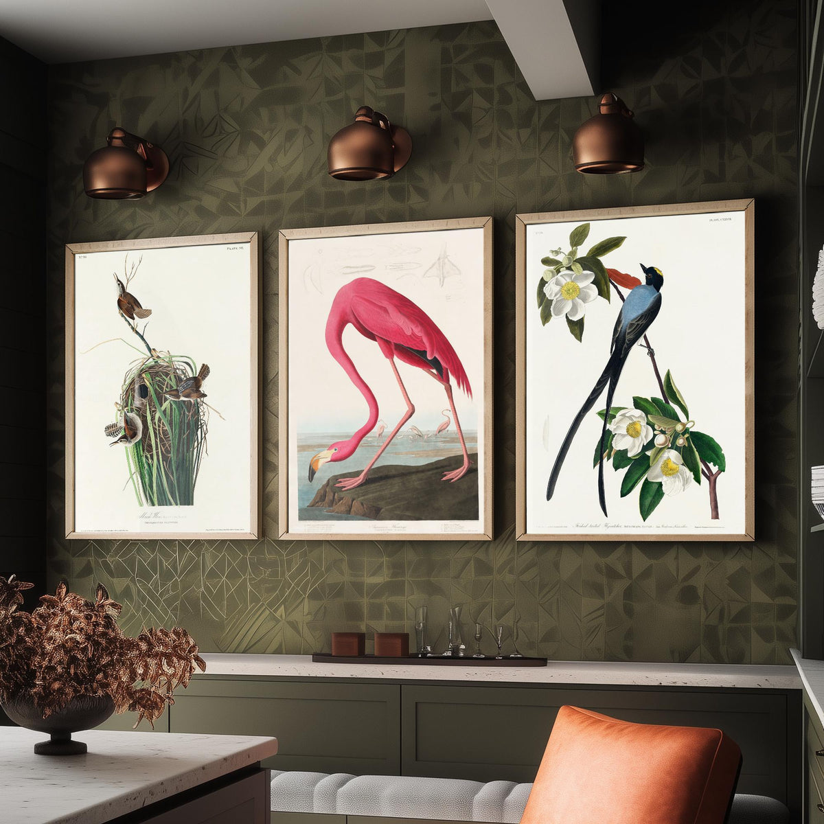 Set of Three John James Audubon Prints - Tree Swallow American Flamingo and Fork-tailed Flycatcher - 3 Bird Paintings Poster Wall Art
