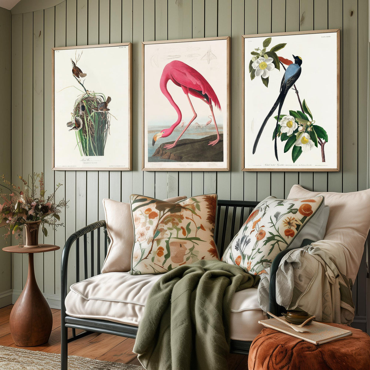 Set of Three John James Audubon Prints - Tree Swallow American Flamingo and Fork-tailed Flycatcher - 3 Bird Paintings Poster Wall Art