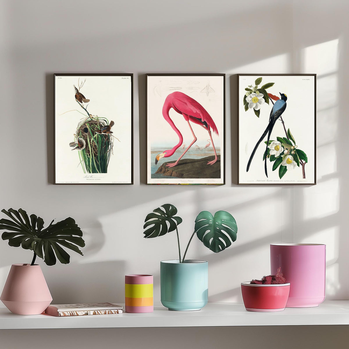 Set of Three John James Audubon Prints - Tree Swallow American Flamingo and Fork-tailed Flycatcher - 3 Bird Paintings Poster Wall Art