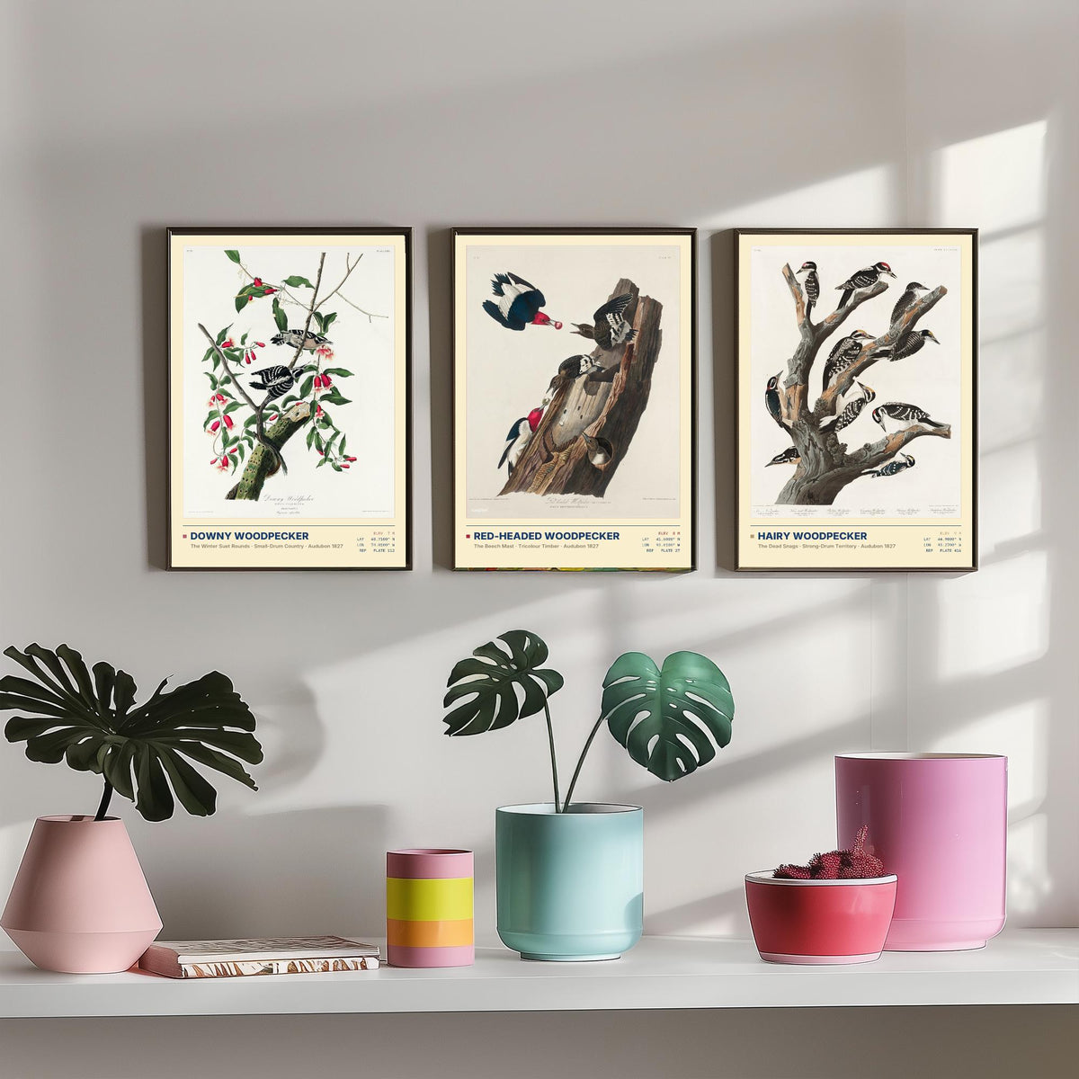 Audubon Woodpeckers Set of Three Art Prints - Downy, Red-headed and Hairy Woodpecker - Birds of America Illustrations Cabin Posters