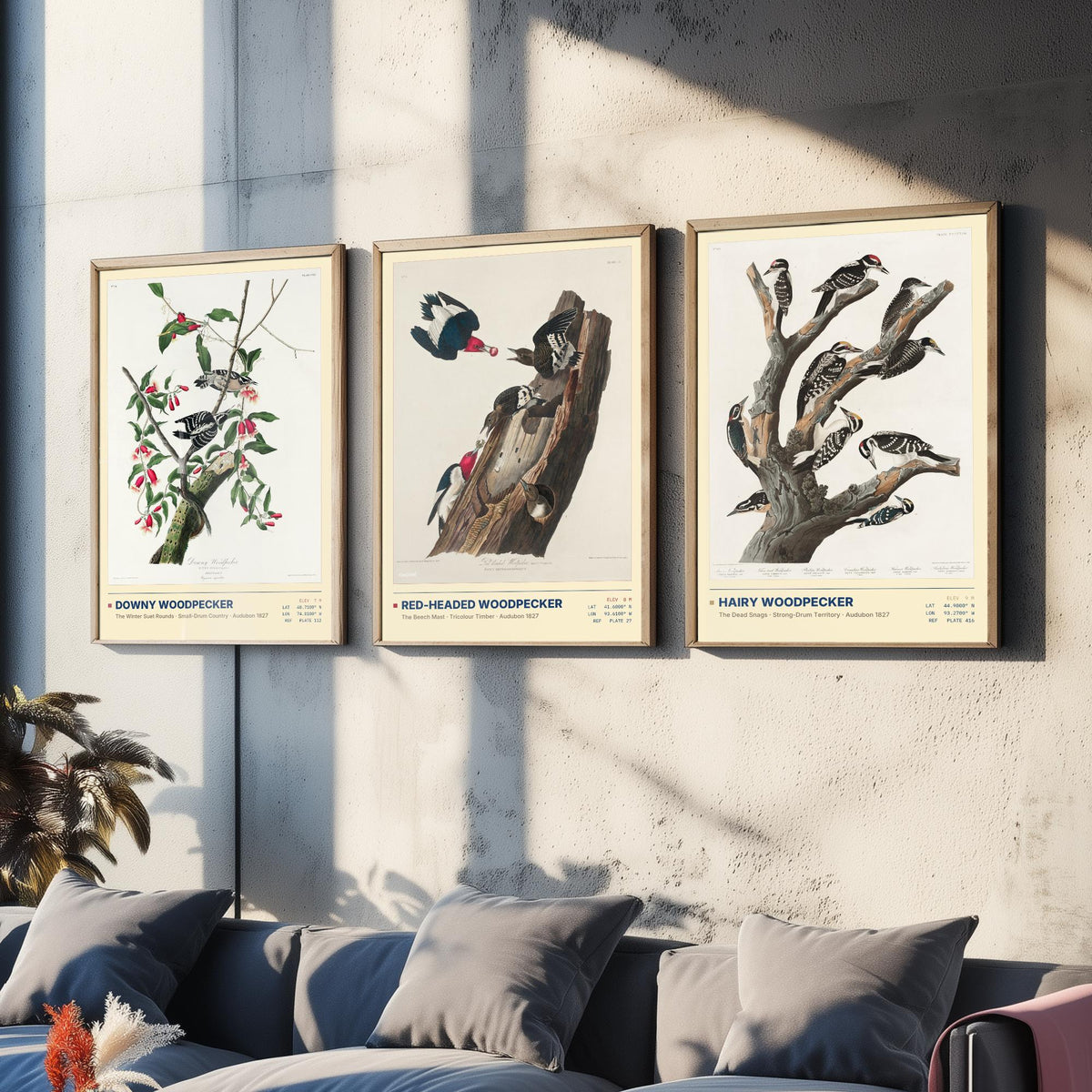 Audubon Woodpeckers Set of Three Art Prints - Downy, Red-headed and Hairy Woodpecker - Birds of America Illustrations Cabin Posters