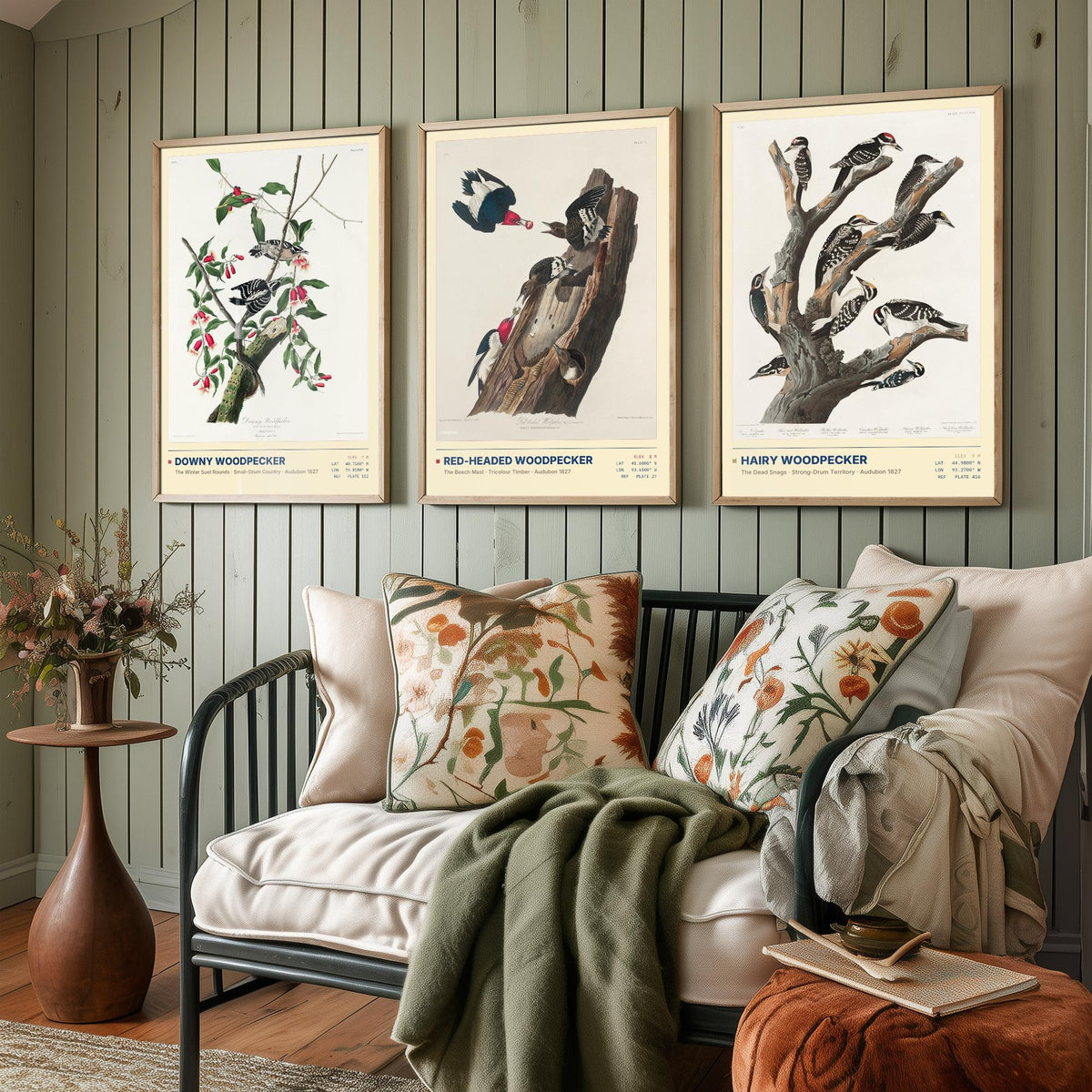 Audubon Woodpeckers Set of Three Art Prints - Downy, Red-headed and Hairy Woodpecker - Birds of America Illustrations Cabin Posters