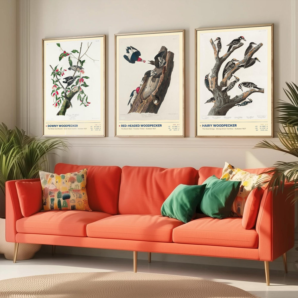 Audubon Woodpeckers Set of Three Art Prints - Downy, Red-headed and Hairy Woodpecker - Birds of America Illustrations Cabin Posters