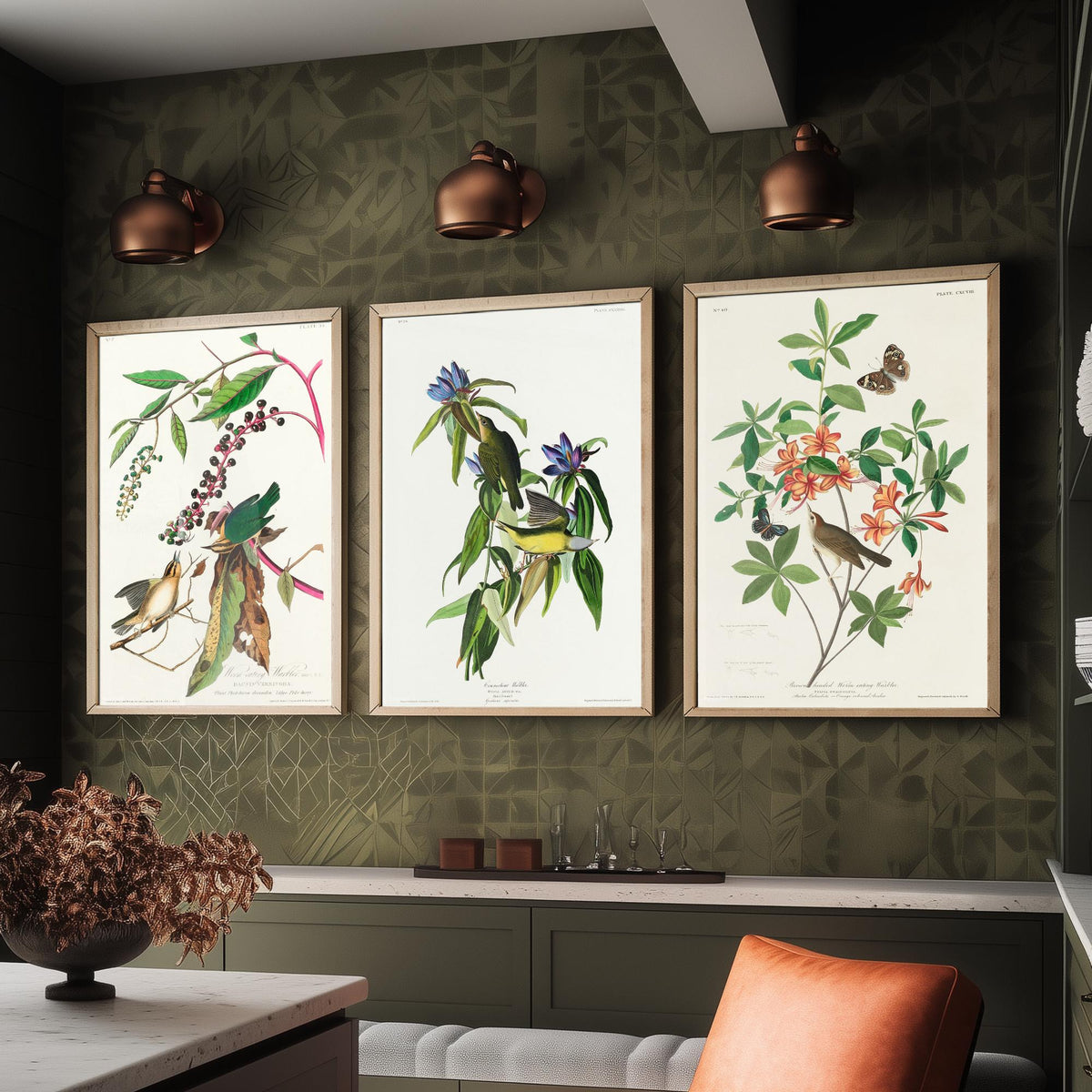 Set of Three John James Audubon Prints - Worm-eating Connecticut and Brown-headed Warbler - 3 Bird Paintings Poster Wall Art