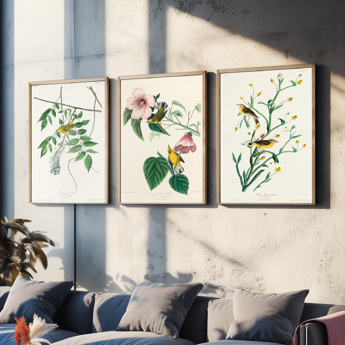 Set of Three John James Audubon Prints - Yellow Blue-winged and Palm Warbler - 3 Bird Paintings Poster Wall Art