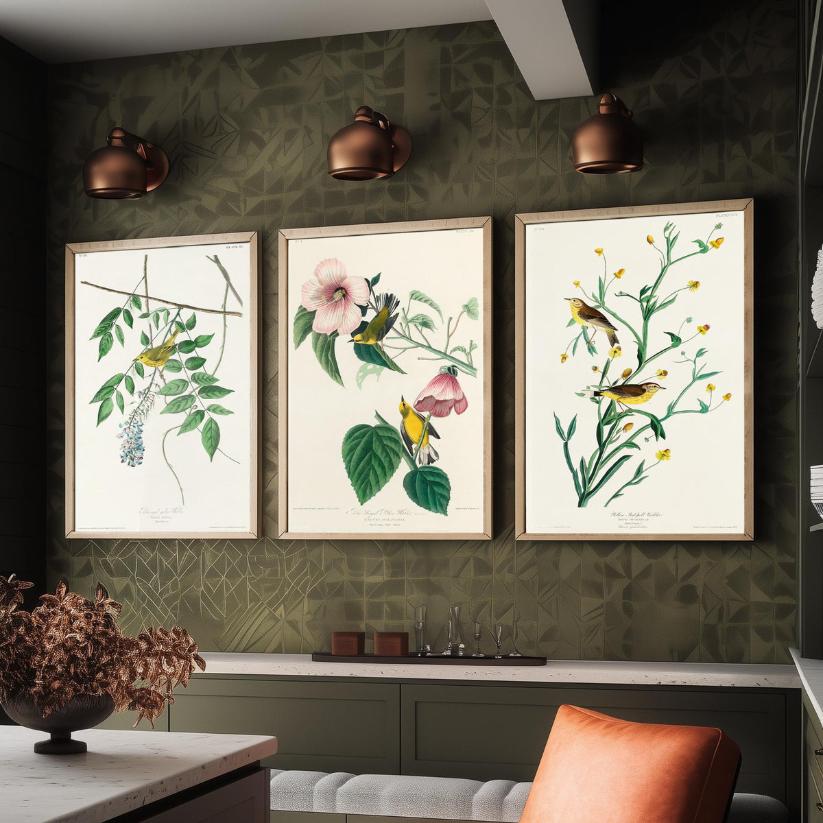 Set of Three John James Audubon Prints - Yellow Blue-winged and Palm Warbler - 3 Bird Paintings Poster Wall Art