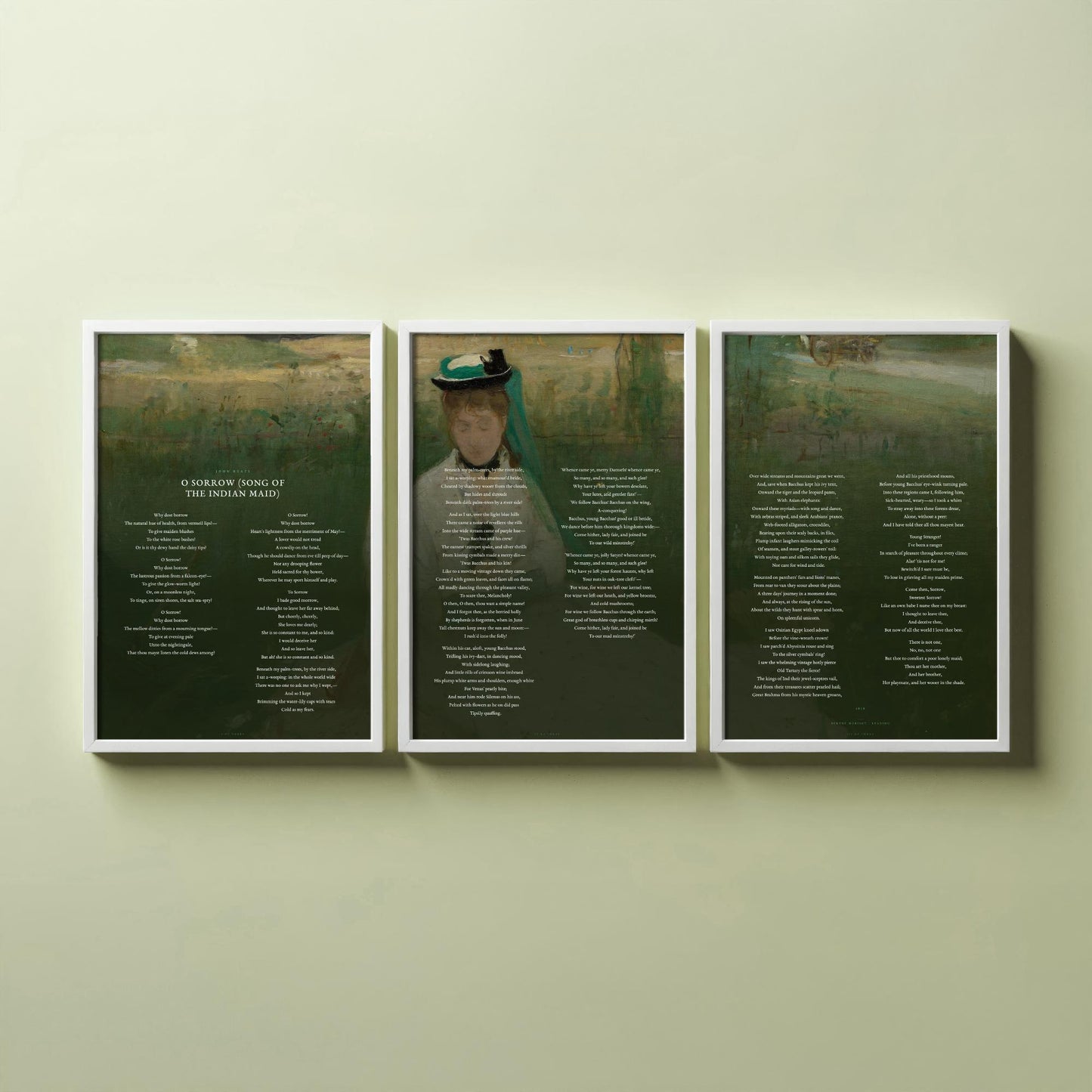 O Sorrow Song of the Indian Maid by John Keats Set of Three Art Prints - Endymion Poem over Morisot Painting - Poetry Poster Triptych