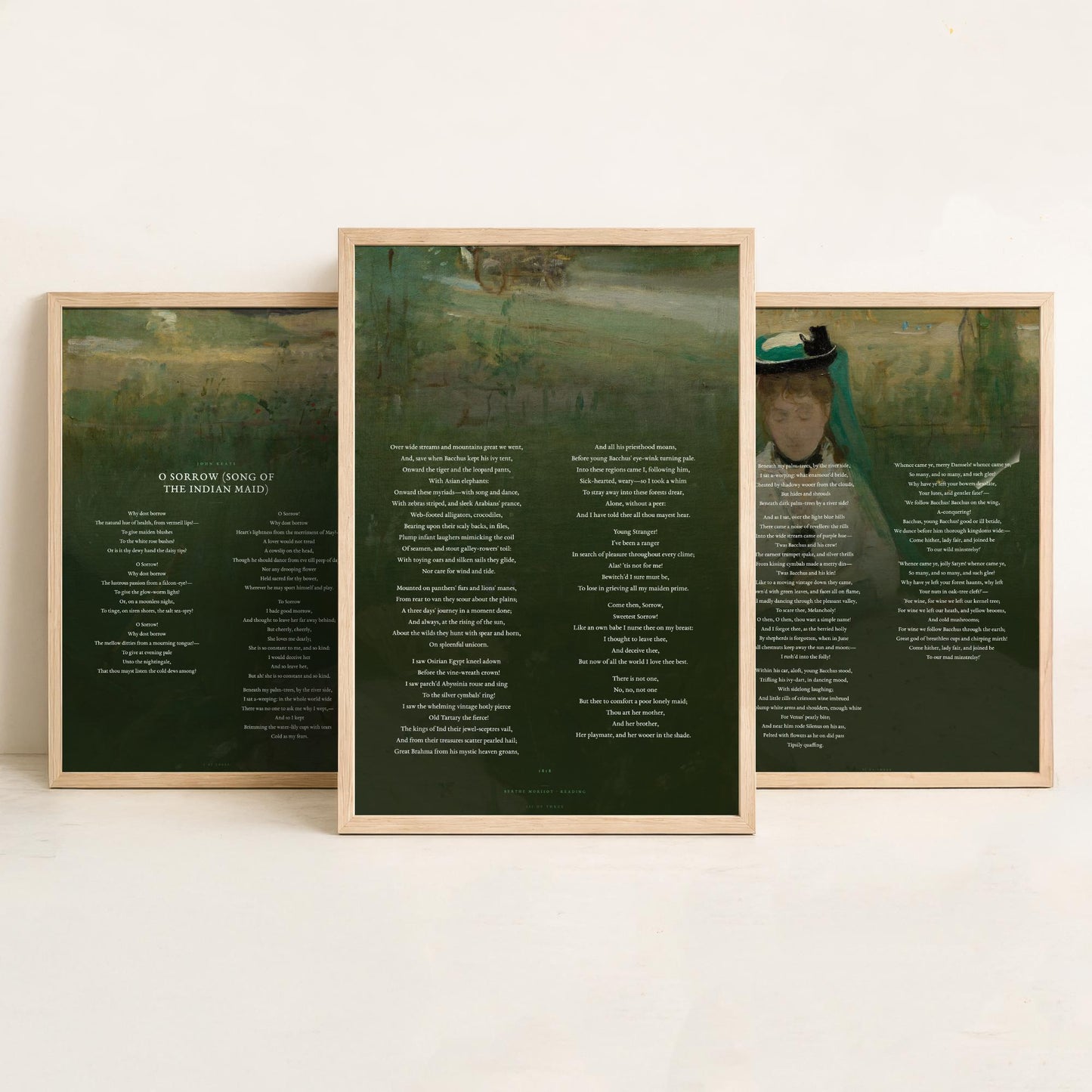 O Sorrow Song of the Indian Maid by John Keats Set of Three Art Prints - Endymion Poem over Morisot Painting - Poetry Poster Triptych