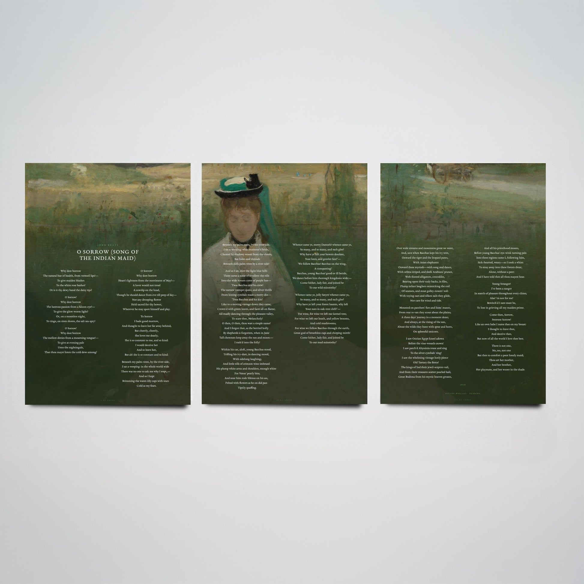 O Sorrow Song of the Indian Maid by John Keats Set of Three Art Prints - Endymion Poem over Morisot Painting - Poetry Poster Triptych