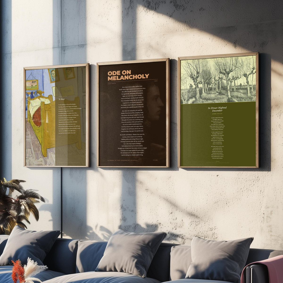 Ode on Melancholy by John Keats Set of Three Art Prints - To Sleep, In Drear-Nighted December - Full Poems over Classic Paintings Poster V1