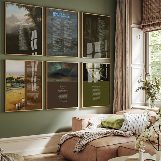 Set of Six John Keats Poem Art Prints - 6 Poems over Classic Paintings - Poetry Posters - Ode to a Nightingale, Grecian Urn, To Autumn