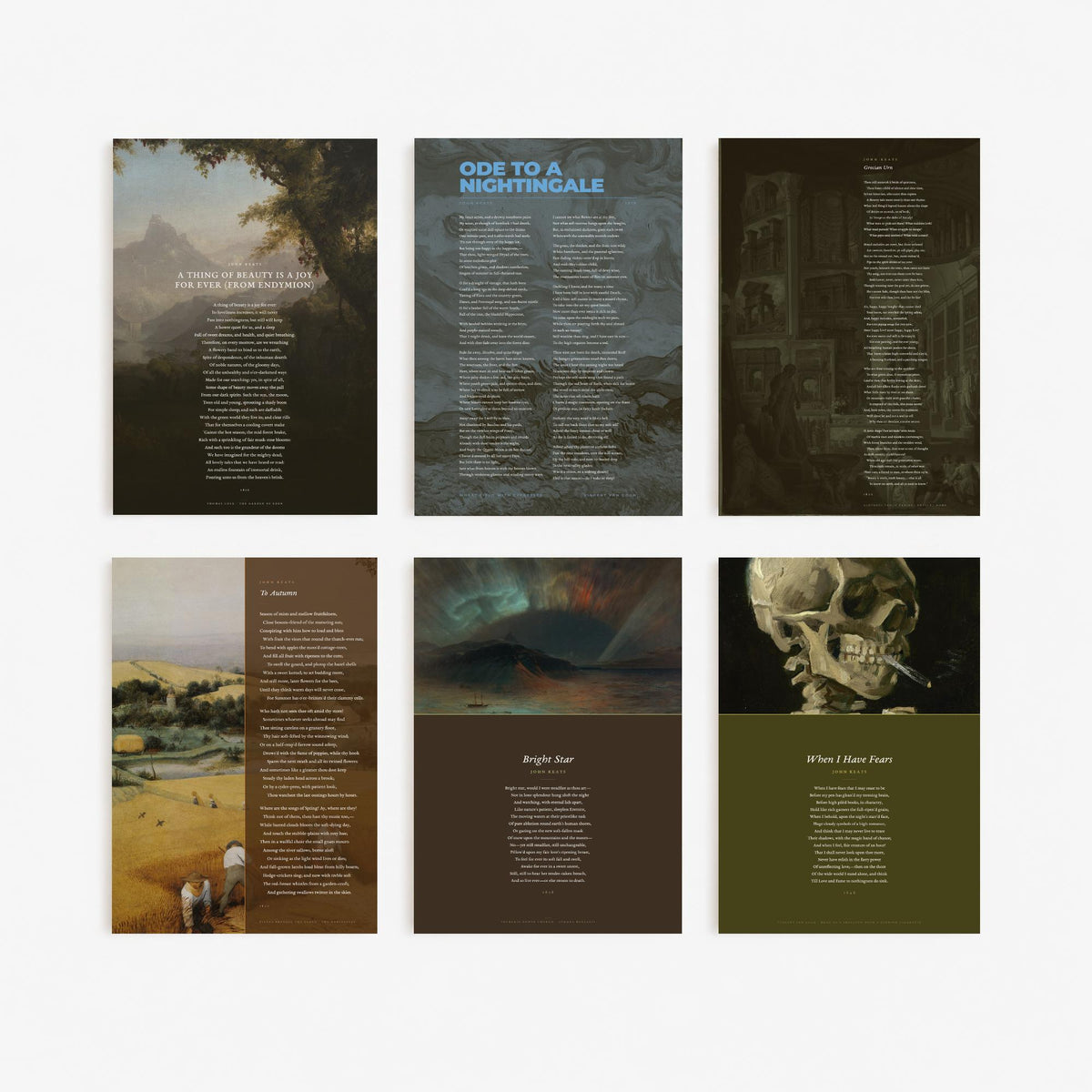 Set of Six John Keats Poem Art Prints - 6 Poems over Classic Paintings - Poetry Posters - Ode to a Nightingale, Grecian Urn, To Autumn