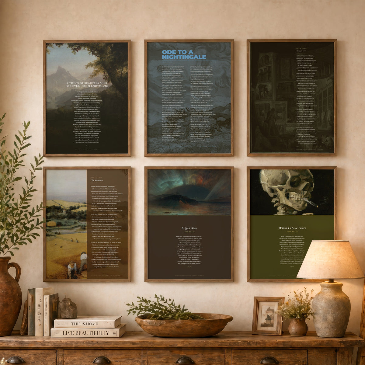 Set of Six John Keats Poem Art Prints - 6 Poems over Classic Paintings - Poetry Posters - Ode to a Nightingale, Grecian Urn, To Autumn