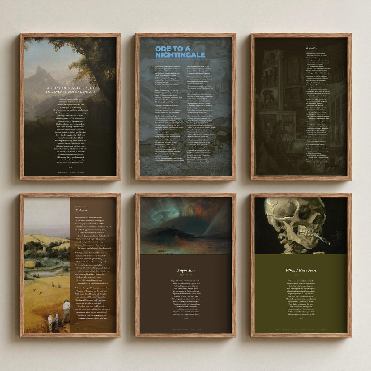 Set of Six John Keats Poem Art Prints - 6 Poems over Classic Paintings - Poetry Posters - Ode to a Nightingale, Grecian Urn, To Autumn