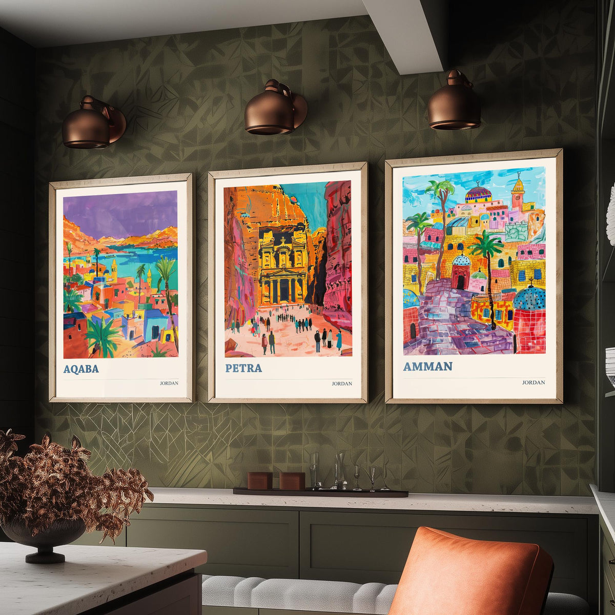Jordan Set of Three Prints - Aqaba Petra Amman - 3 Vibrant Travel Posters - Middle East Wall Art Gift Painting Petra Treasury Map Decor