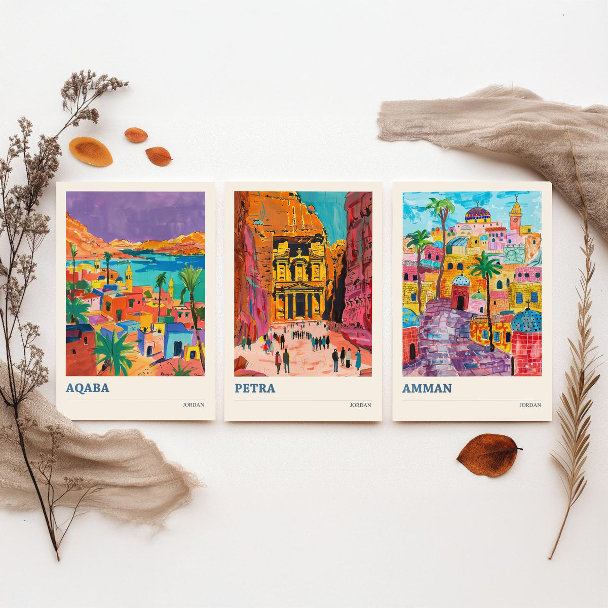 Jordan Set of Three Prints - Aqaba Petra Amman - 3 Vibrant Travel Posters - Middle East Wall Art Gift Painting Petra Treasury Map Decor