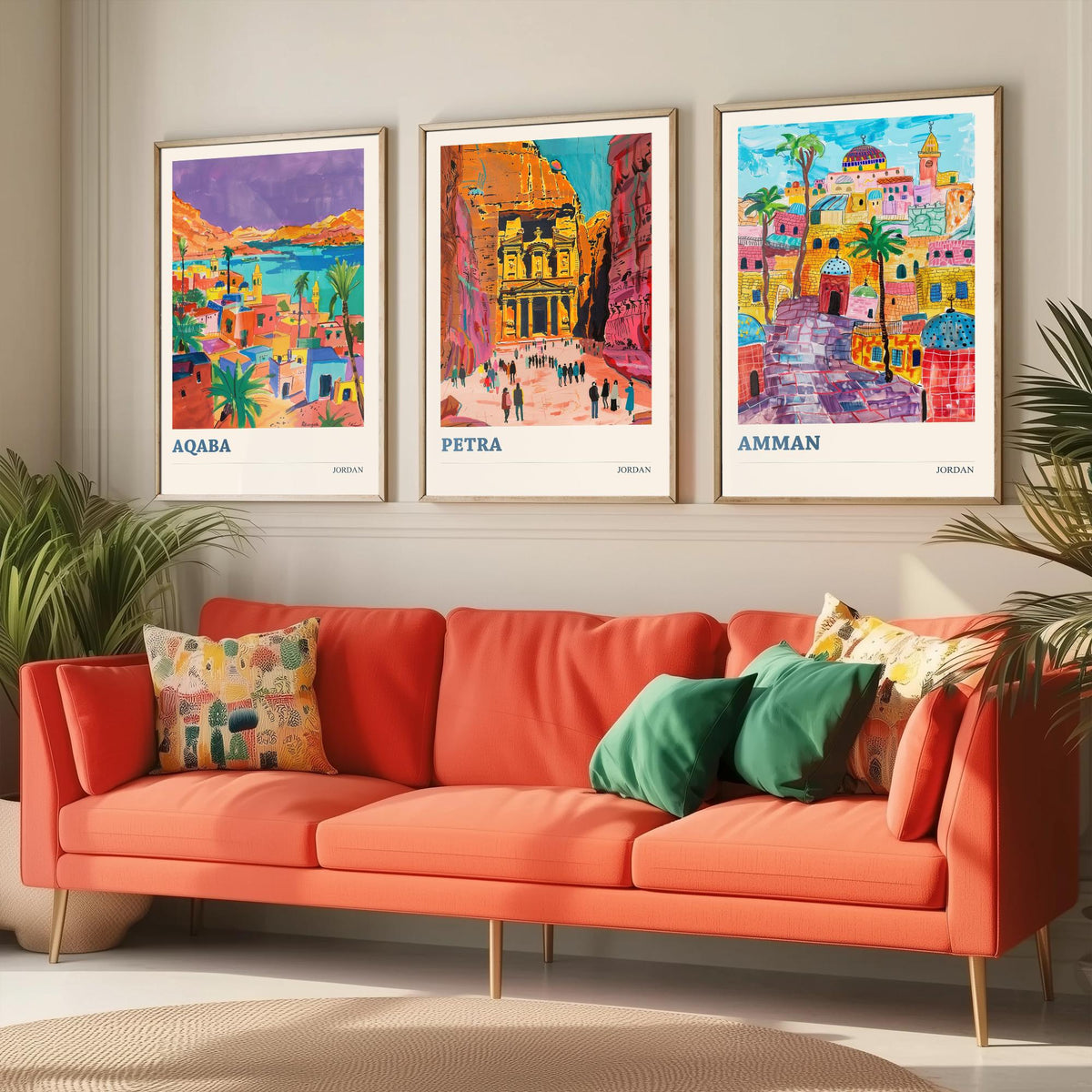 Jordan Set of Three Prints - Aqaba Petra Amman - 3 Vibrant Travel Posters - Middle East Wall Art Gift Painting Petra Treasury Map Decor