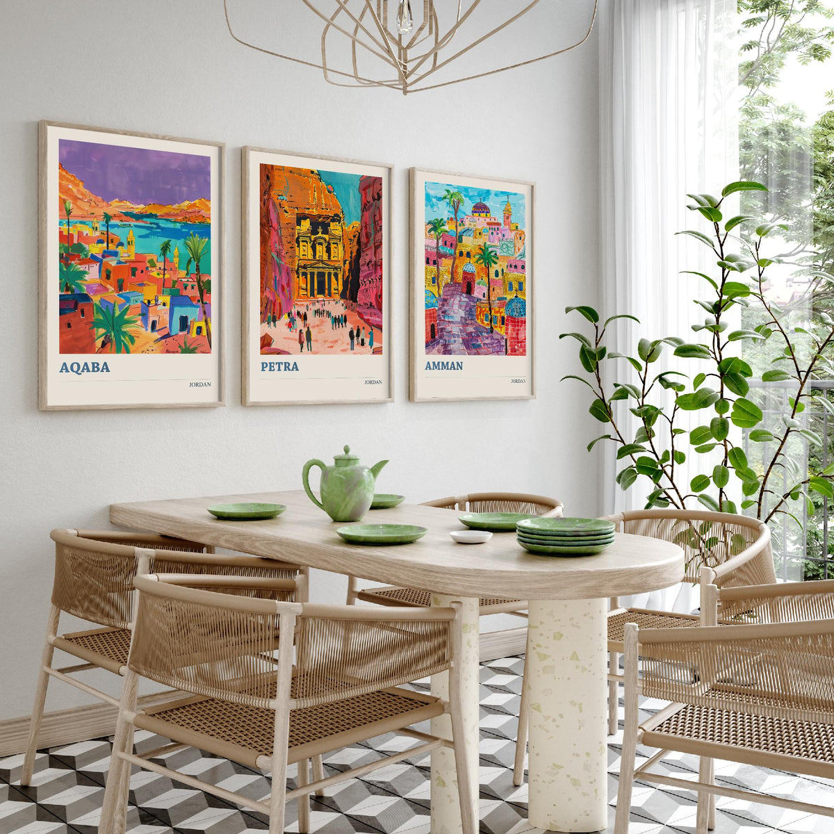 Jordan Set of Three Prints - Aqaba Petra Amman - 3 Vibrant Travel Posters - Middle East Wall Art Gift Painting Petra Treasury Map Decor