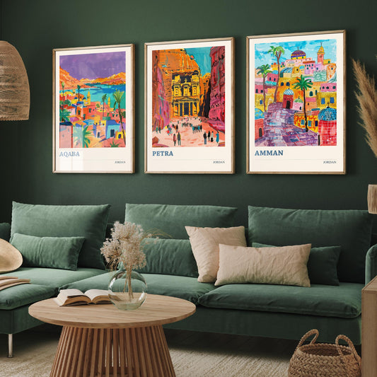 Jordan Set of Three Prints - Aqaba Petra Amman - 3 Vibrant Travel Posters - Middle East Wall Art Gift Painting Petra Treasury Map Decor