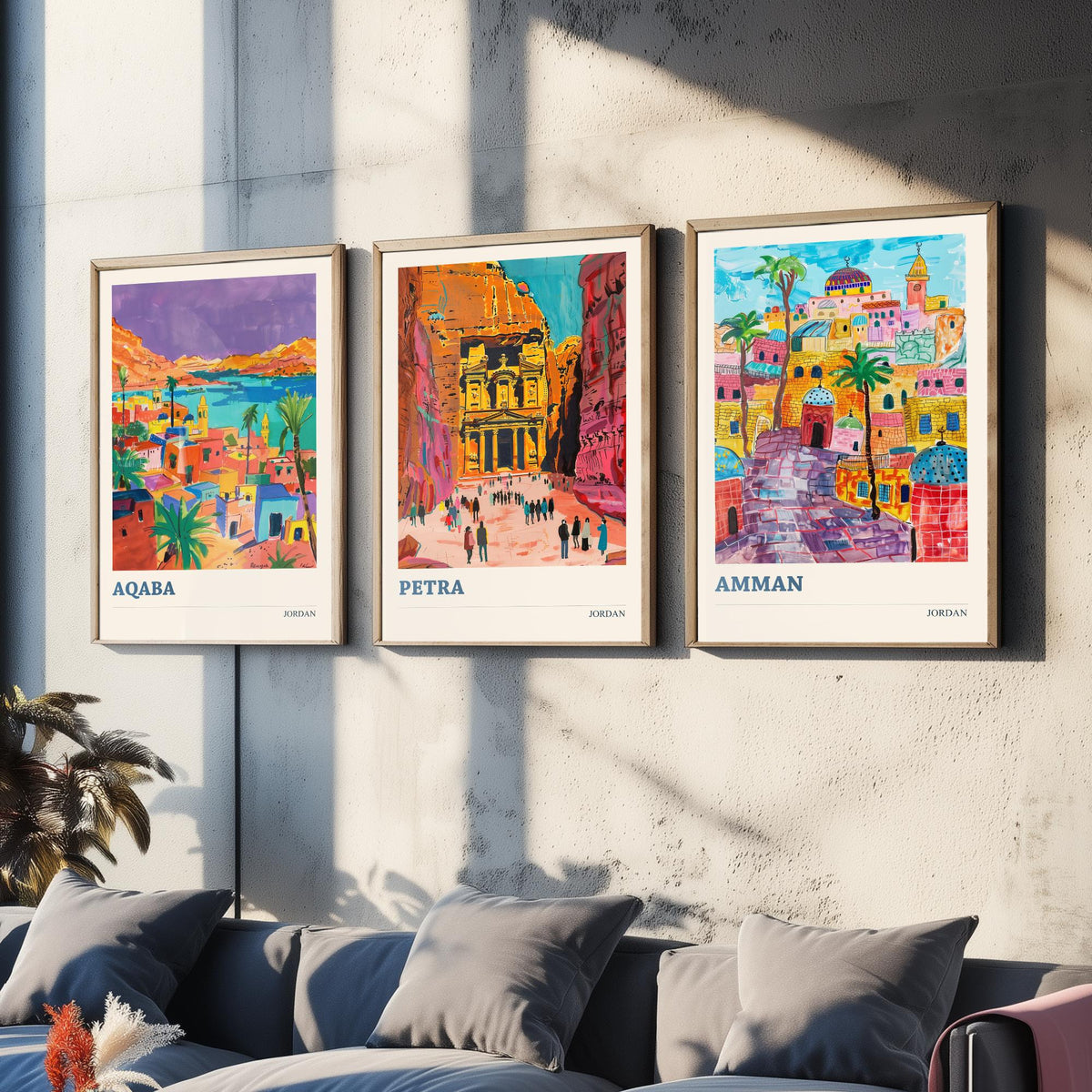 Jordan Set of Three Prints - Aqaba Petra Amman - 3 Vibrant Travel Posters - Middle East Wall Art Gift Painting Petra Treasury Map Decor