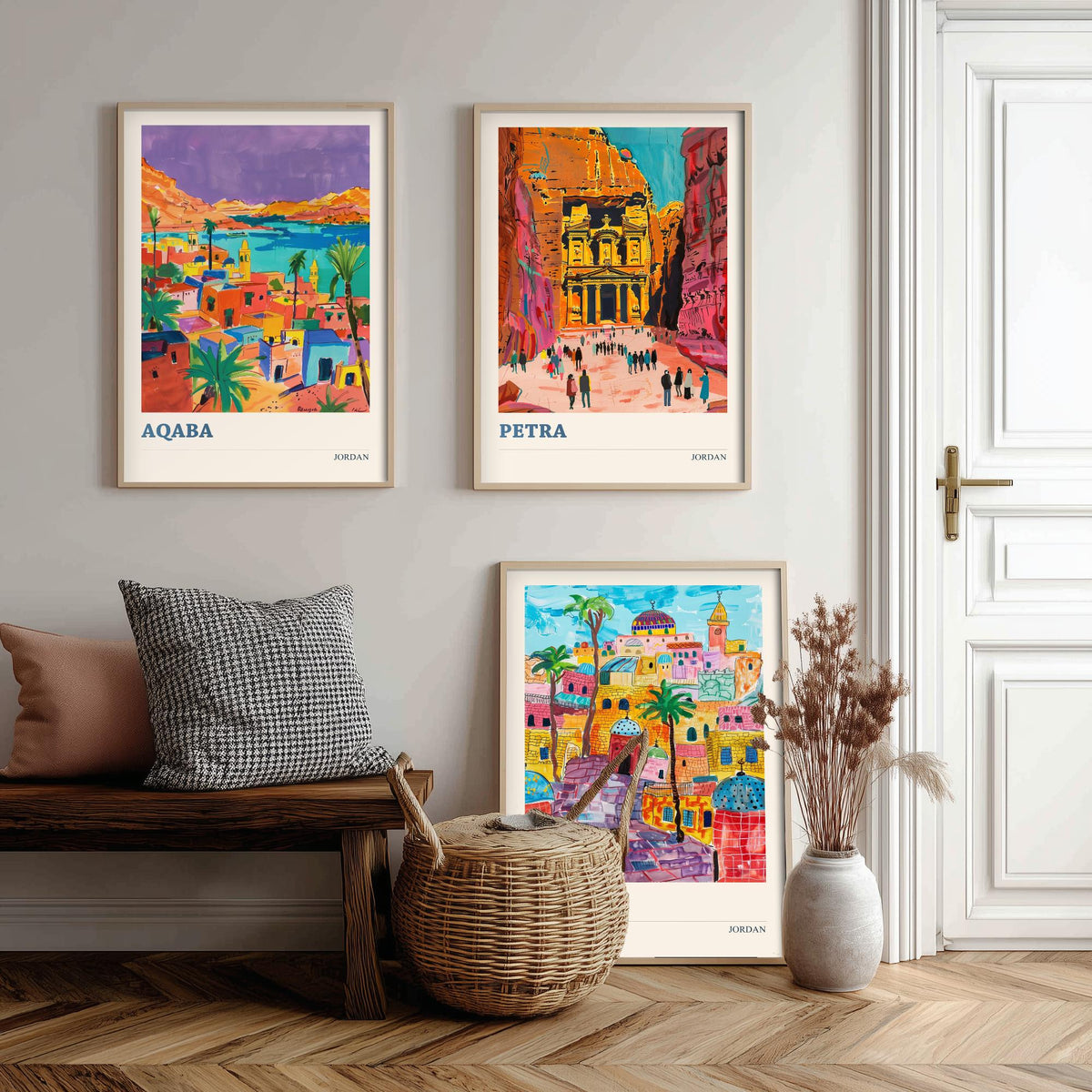 Jordan Set of Three Prints - Aqaba Petra Amman - 3 Vibrant Travel Posters - Middle East Wall Art Gift Painting Petra Treasury Map Decor