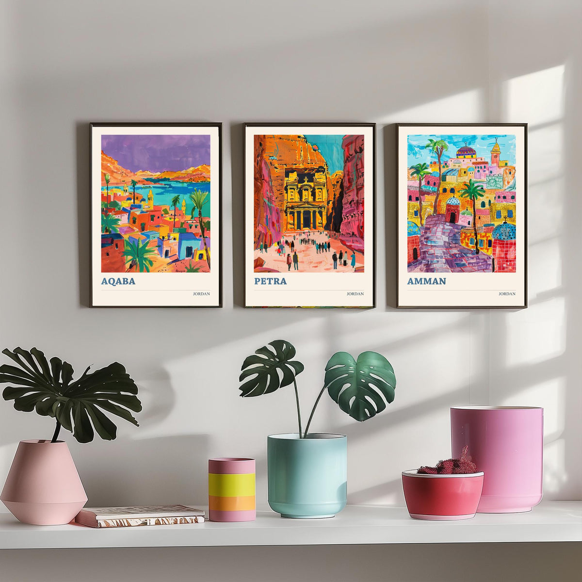 Jordan Set of Three Prints - Aqaba Petra Amman - 3 Vibrant Travel Posters - Middle East Wall Art Gift Painting Petra Treasury Map Decor