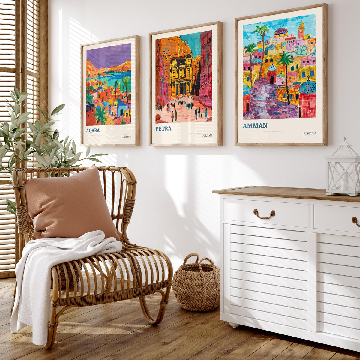 Jordan Set of Three Prints - Aqaba Petra Amman - 3 Vibrant Travel Posters - Middle East Wall Art Gift Painting Petra Treasury Map Decor