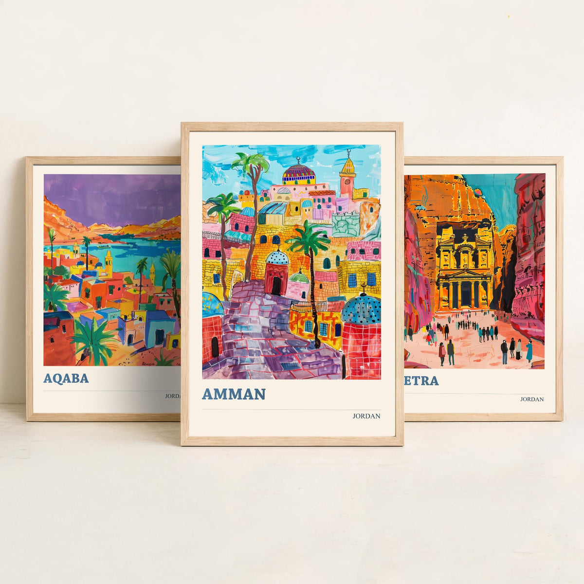 Jordan Set of Three Prints - Aqaba Petra Amman - 3 Vibrant Travel Posters - Middle East Wall Art Gift Painting Petra Treasury Map Decor