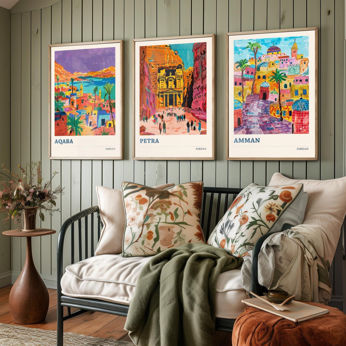 Jordan Set of Three Prints - Aqaba Petra Amman - 3 Vibrant Travel Posters - Middle East Wall Art Gift Painting Petra Treasury Map Decor