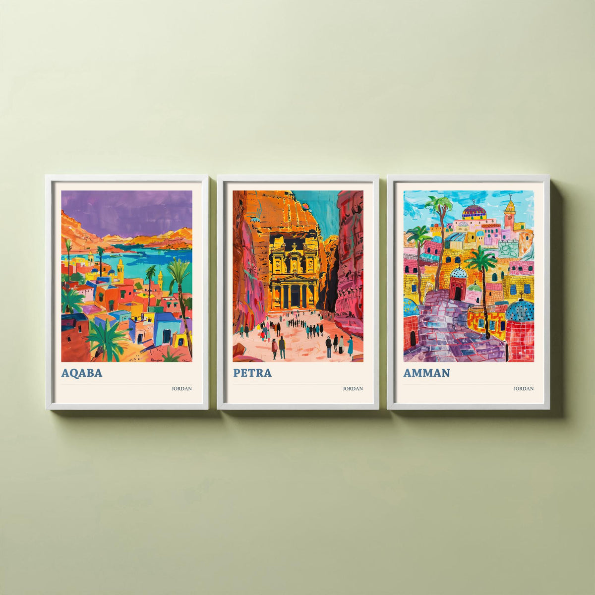 Jordan Set of Three Prints - Aqaba Petra Amman - 3 Vibrant Travel Posters - Middle East Wall Art Gift Painting Petra Treasury Map Decor